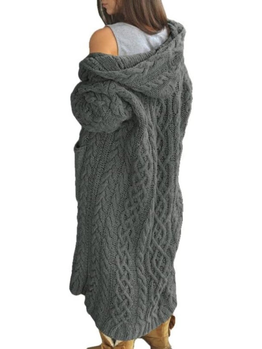 Cozy Hooded Long Sleeve Cardigan Sweater with Pockets - Warm Cable Knit Outwear